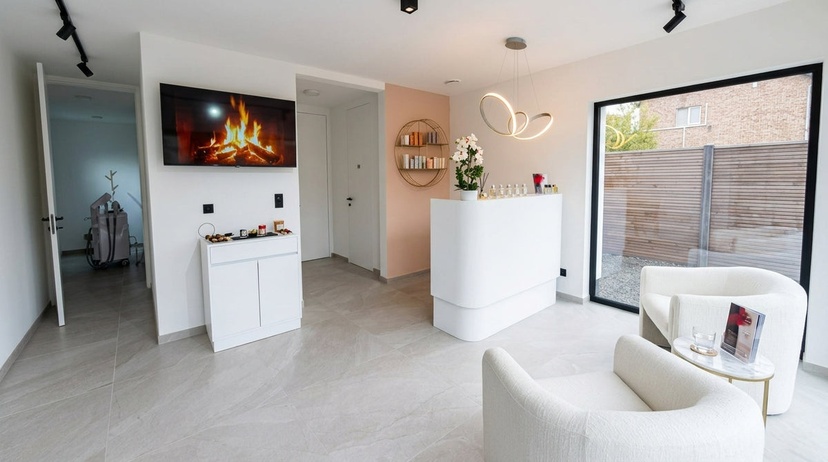 A modern interior space with light gray tiled floors, white furniture, a large black-framed window, and a wall-mounted TV displaying a fire scene. The room includes a white reception desk, shelving, and two white armchairs.